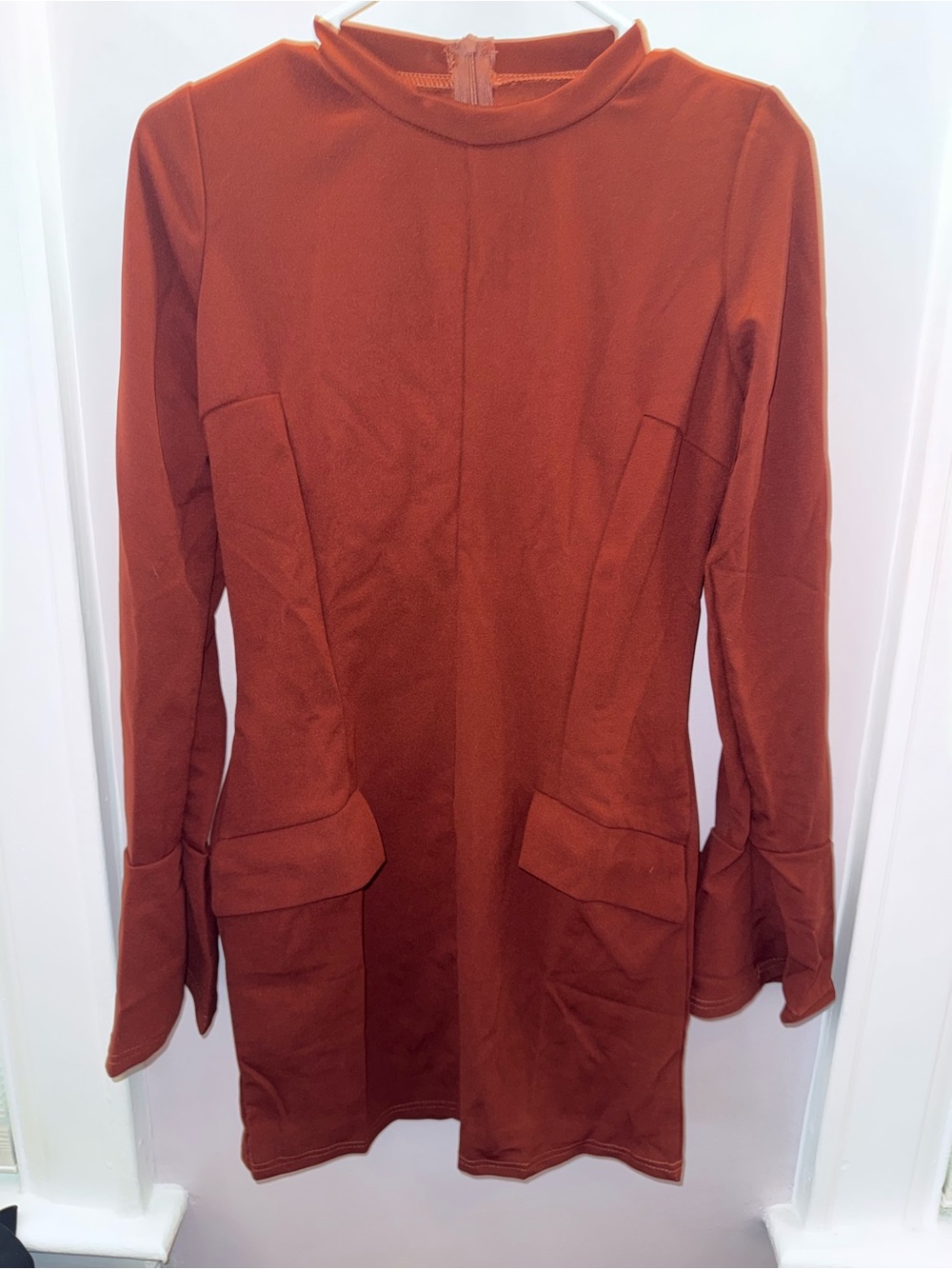 Women's Rust Long-Sleeve Shift Coat with Front Flap Pockets